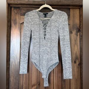 Forever 21 Gray Lace-Up Long Sleeve Bodysuit Size S NWOT